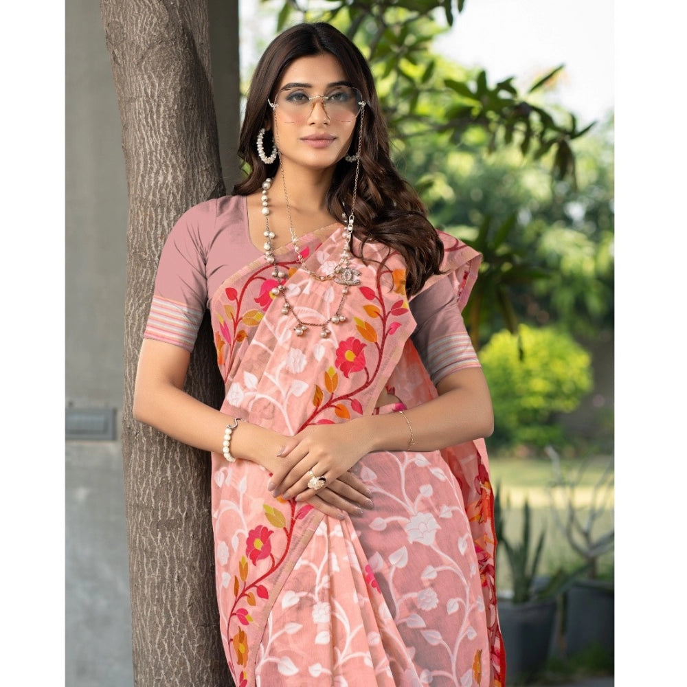 Generic Women's Cotton Printed Saree With Unstitched Blouse (Peach, 5-6 Mtrs)