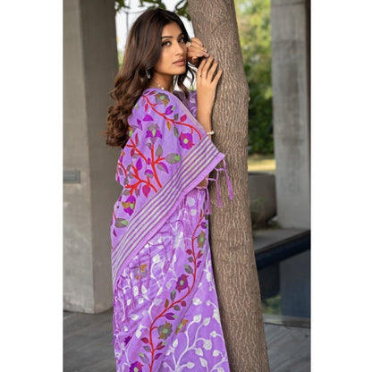 Generic Women's Cotton Printed Saree With Unstitched Blouse (Lavender, 5-6 Mtrs)