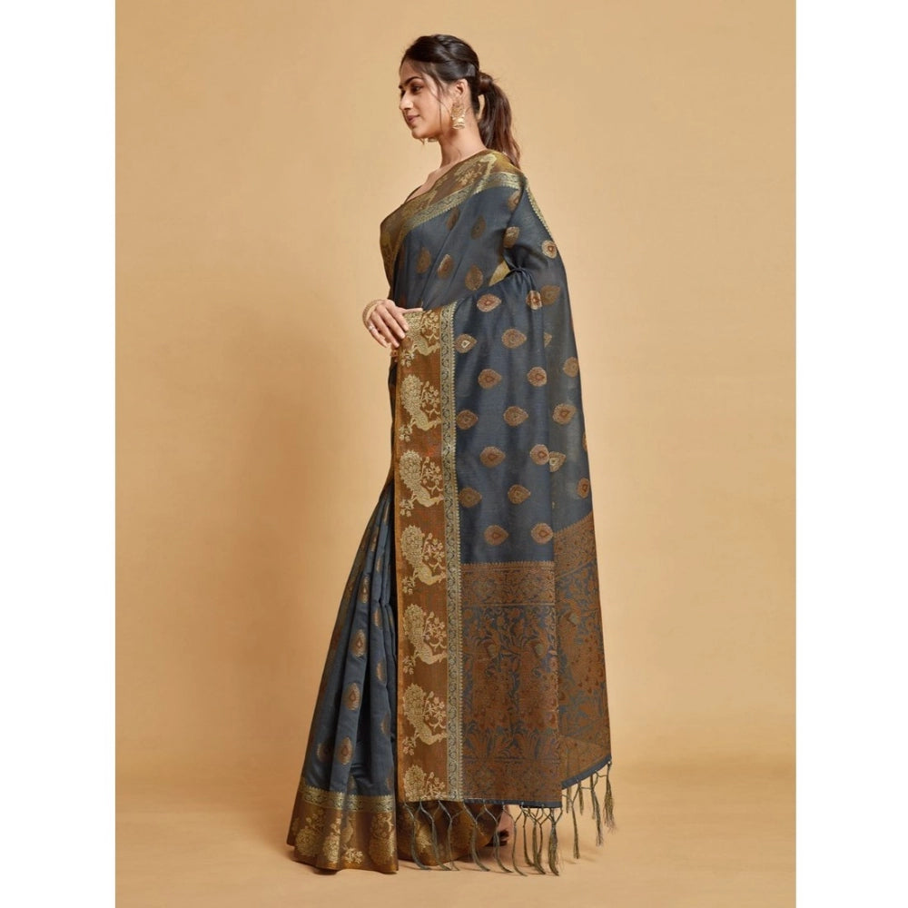 Generic Women's Organza Printed Saree With Unstitched Blouse (Grey, 5-6 Mtrs)