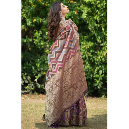 Generic Women's Organza Printed Saree With Unstitched Blouse (Wine, 5-6 Mtrs)