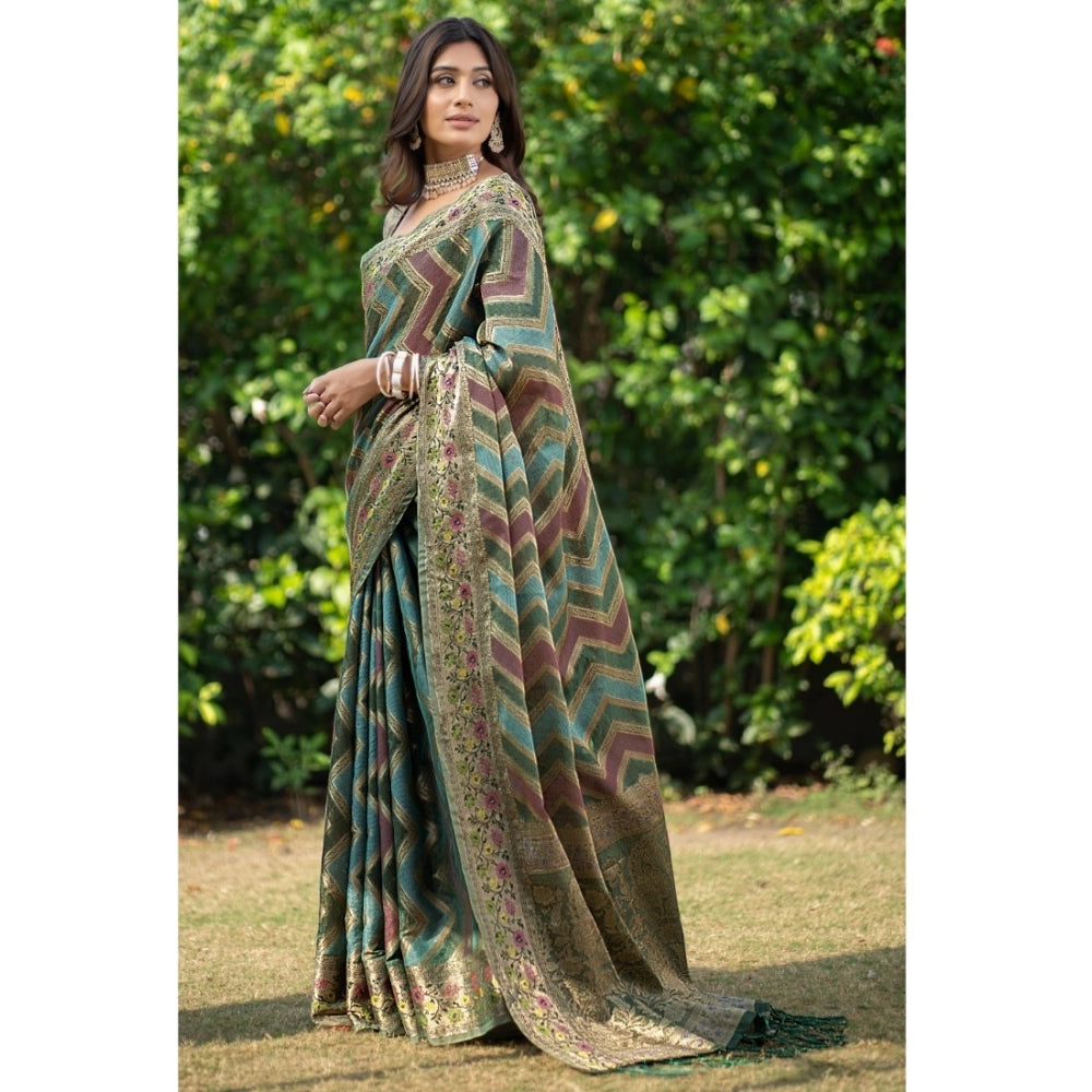 Generic Women's Organza Printed Saree With Unstitched Blouse (Green, 5-6 Mtrs)