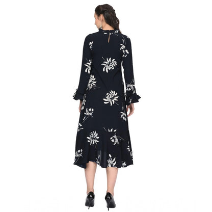 Women's Cotton Blend Floral Full Sleeves Dress (Black)