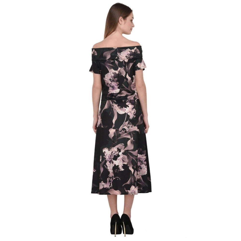 Women's Cotton Blend Abstract Short Sleeves Dress (Black)