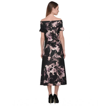 Women's Cotton Blend Abstract Short Sleeves Dress (Black)