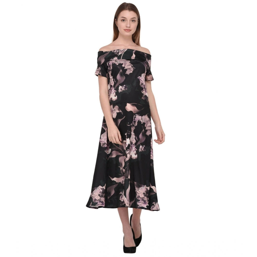 Women's Cotton Blend Abstract Short Sleeves Dress (Black)