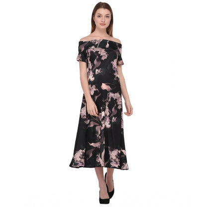 Women's Cotton Blend Abstract Short Sleeves Dress (Black)