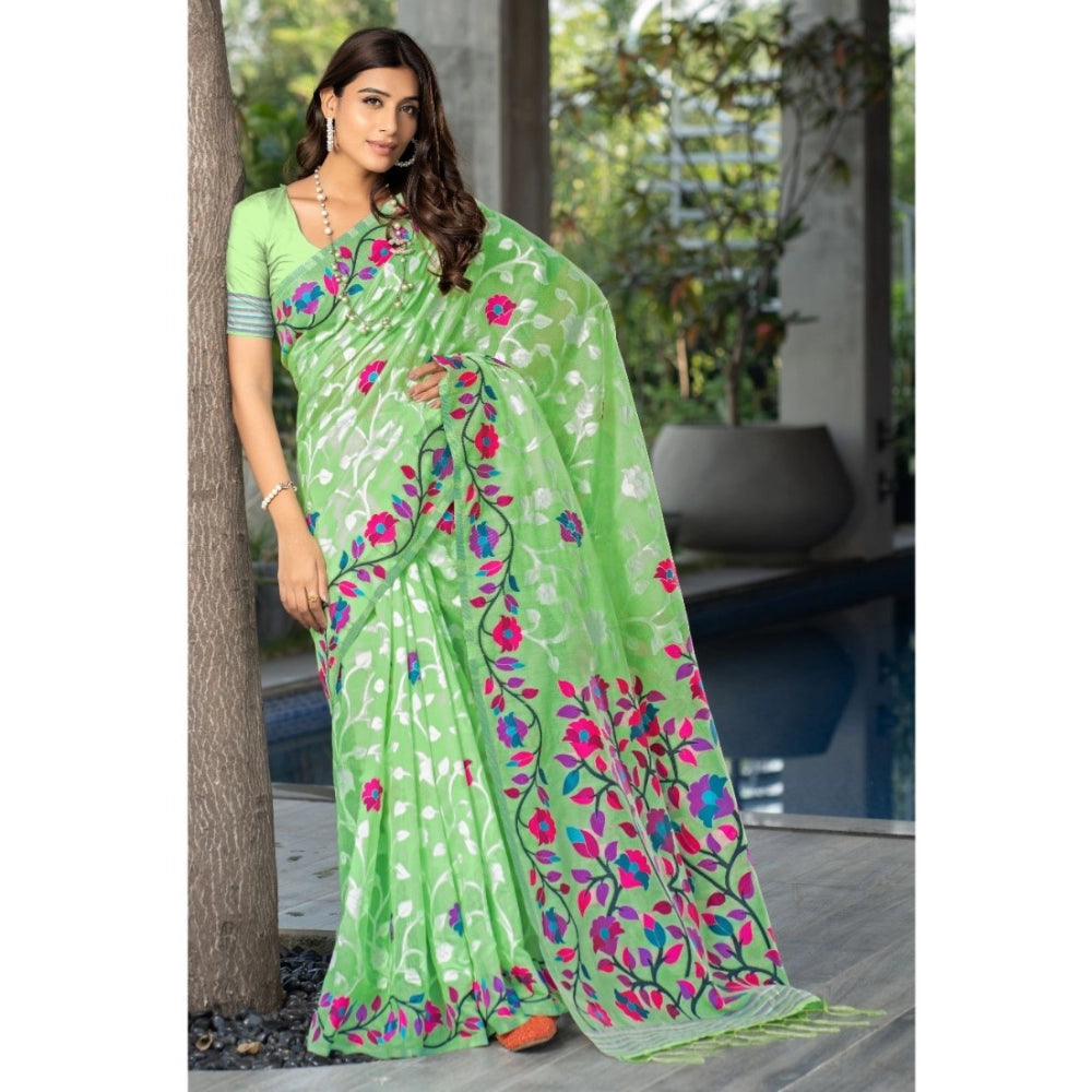 Generic Women's Cotton Printed Saree With Unstitched Blouse (Green, 5-6 Mtrs)