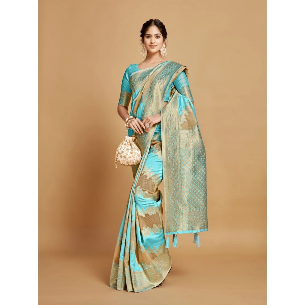 Generic Women's Linen Printed Saree With Unstitched Blouse (Sky Blue, 5-6 Mtrs)