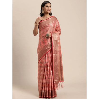 Generic Women's Chanderi Cotton Printed Saree With Unstitched Blouse (Pink, 5-6 Mtrs)