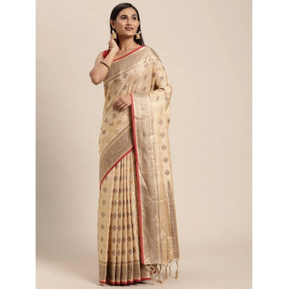 Generic Women's Chanderi Cotton Printed Saree With Unstitched Blouse (Beige, 5-6 Mtrs)