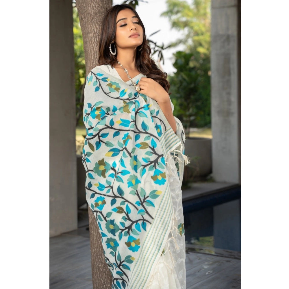 Generic Women's Cotton Printed Saree With Unstitched Blouse (White, 5-6 Mtrs)