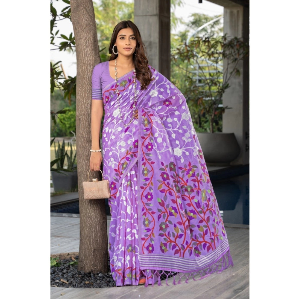 Generic Women's Cotton Printed Saree With Unstitched Blouse (Lavender, 5-6 Mtrs)