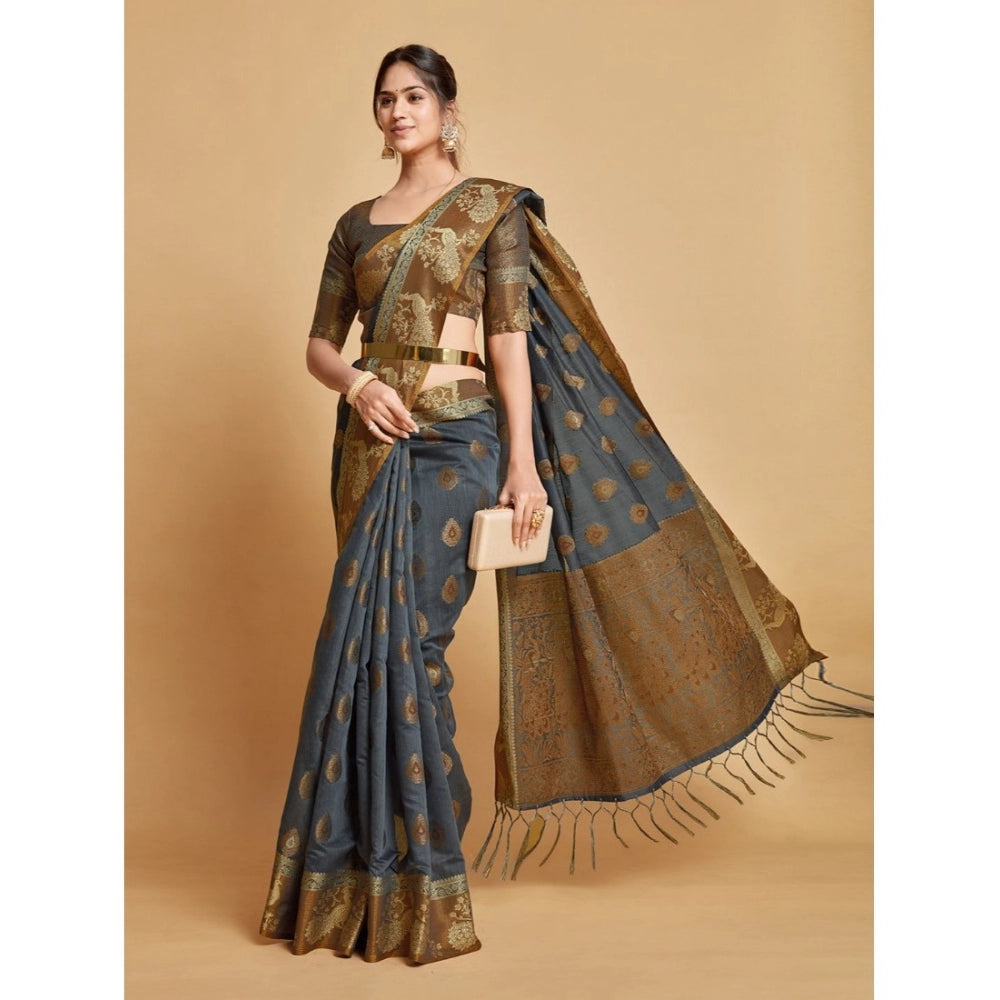 Generic Women's Organza Printed Saree With Unstitched Blouse (Grey, 5-6 Mtrs)