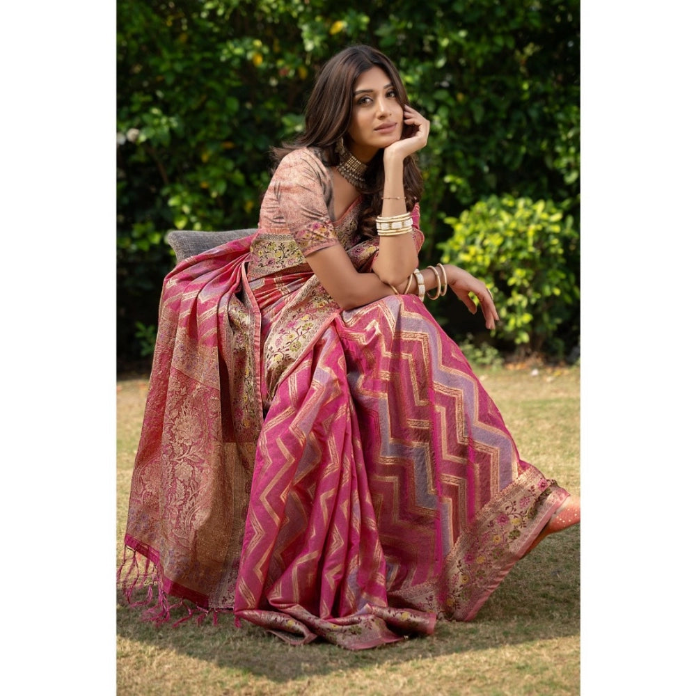 Generic Women's Organza Printed Saree With Unstitched Blouse (Pink, 5-6 Mtrs)