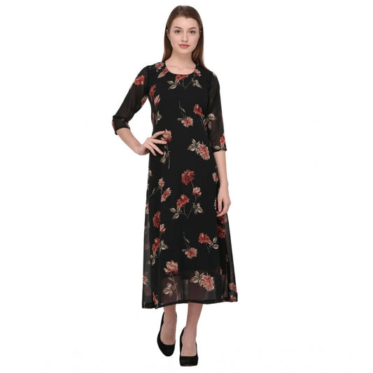 Women's Cotton Blend Floral 3-4 Sleeve Dress (Black)