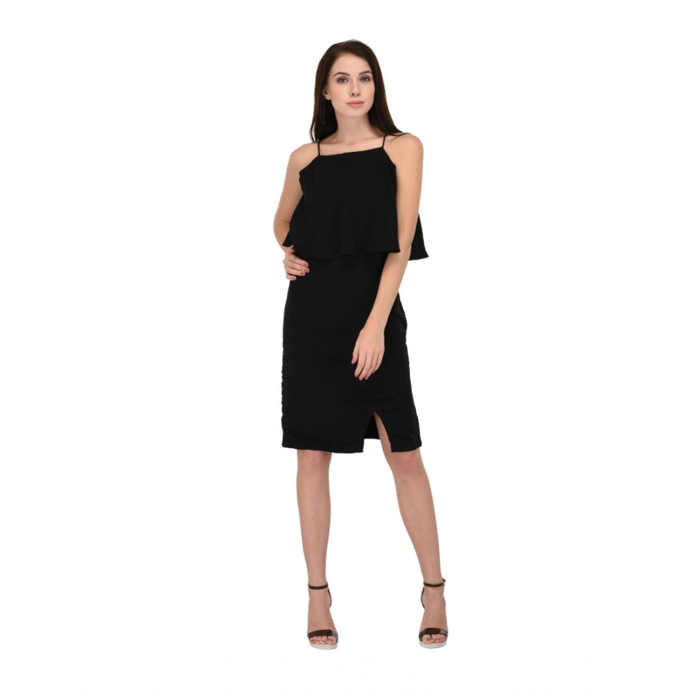 Women's Cotton Blend Solid Sleeveless Dress (Black)