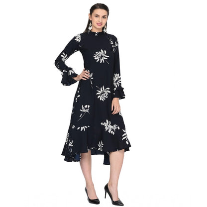 Women's Cotton Blend Floral Full Sleeves Dress (Black)