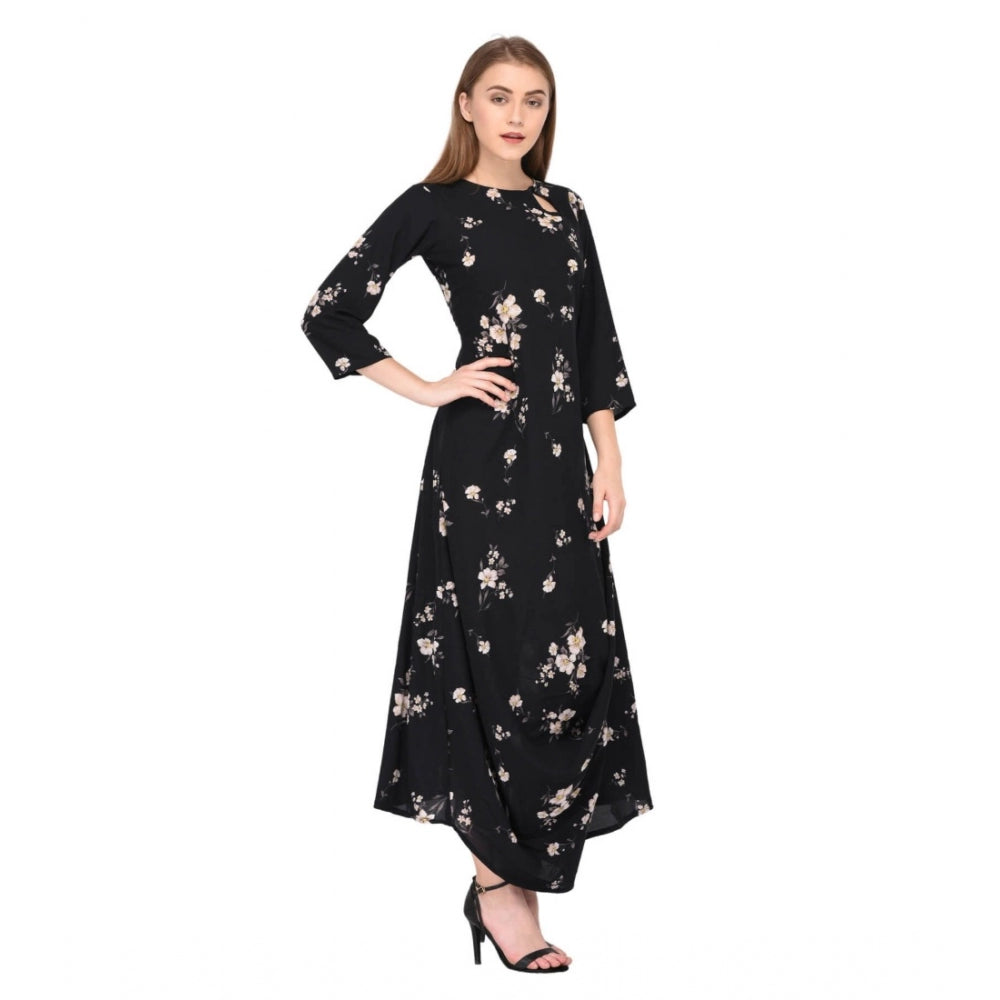 Women's Cotton Blend Abstract Full Sleeves Dress (Black)