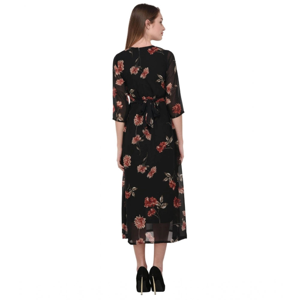 Women's Cotton Blend Floral 3-4 Sleeve Dress (Black)