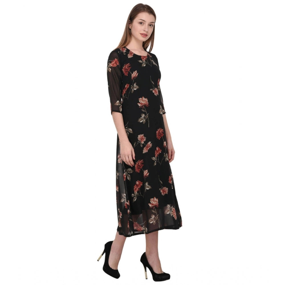 Women's Cotton Blend Floral 3-4 Sleeve Dress (Black)