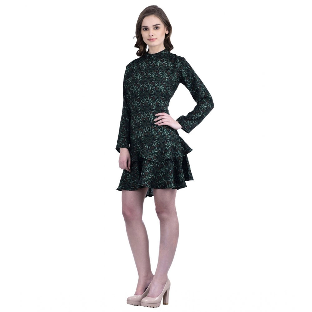 Women's Cotton Blend Floral Full Sleeves Dress (Green)