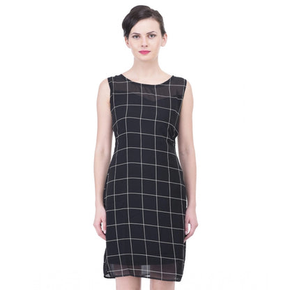 Women's Cotton Blend Checked Sleeveless Sheath Dress (Black)