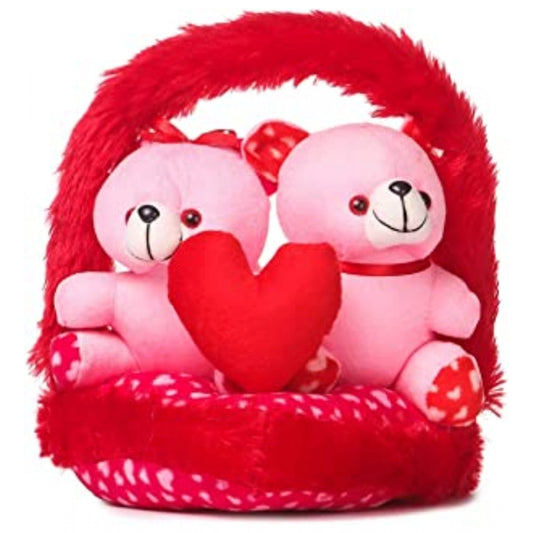 Teddy Bear Couple Love in Basket (Red And Pink)