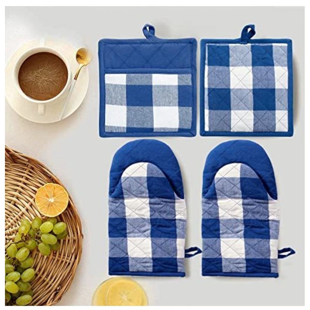 Checked Cotton Oven Mitten and Pot Holder Sets (Blue)