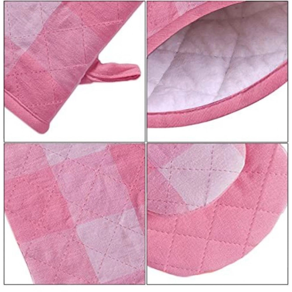 Checked Cotton Oven Mitten and Pot Holder Sets (Pink)