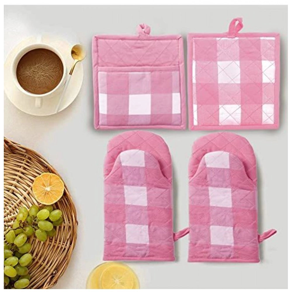 Checked Cotton Oven Mitten and Pot Holder Sets (Pink)