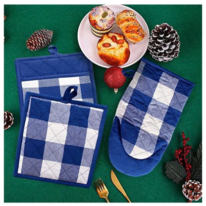 Checked Cotton Oven Mitten and Pot Holder Sets (Blue)