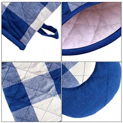 Checked Cotton Oven Mitten and Pot Holder Sets (Blue)