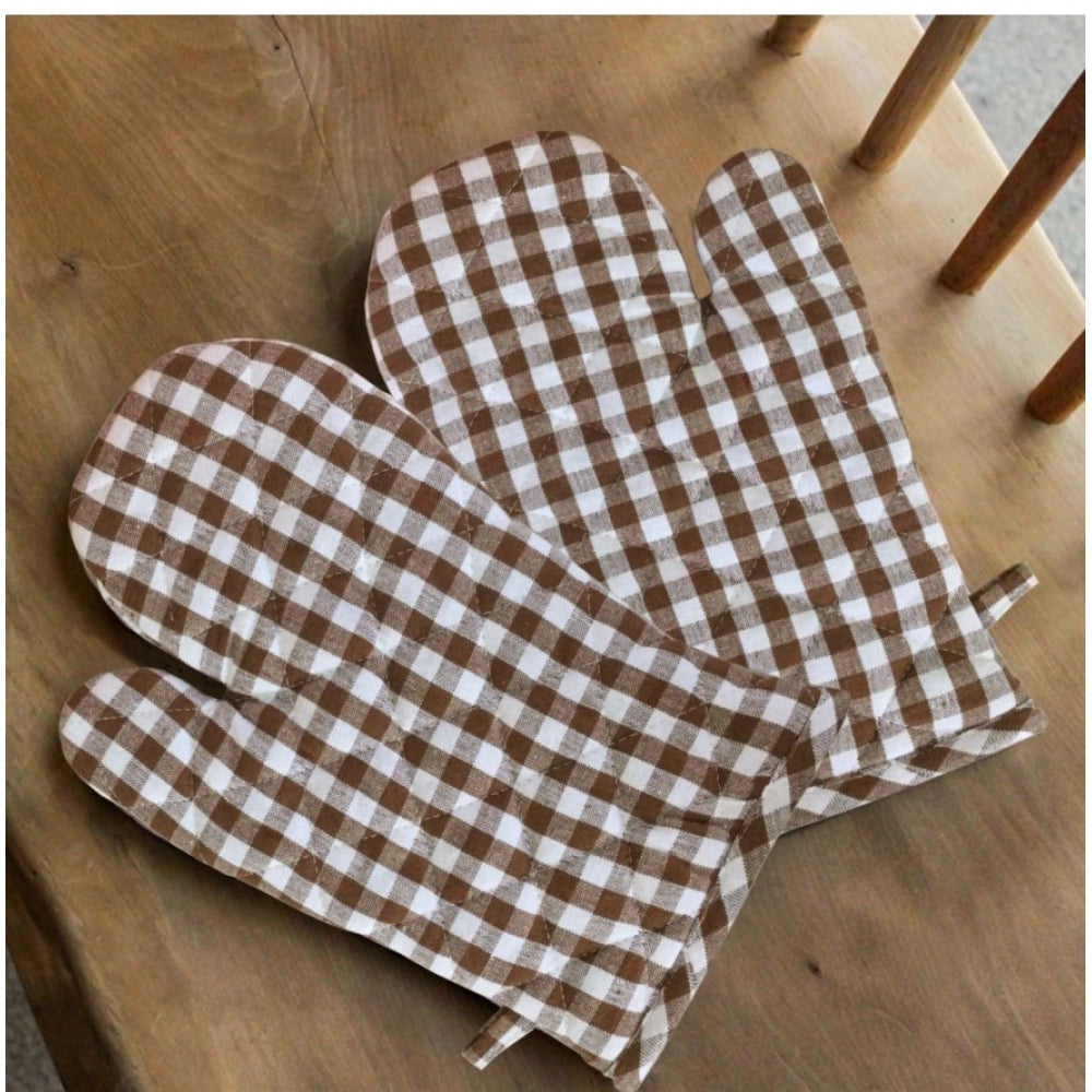 Checked Cotton Oven Mitten (Brown)