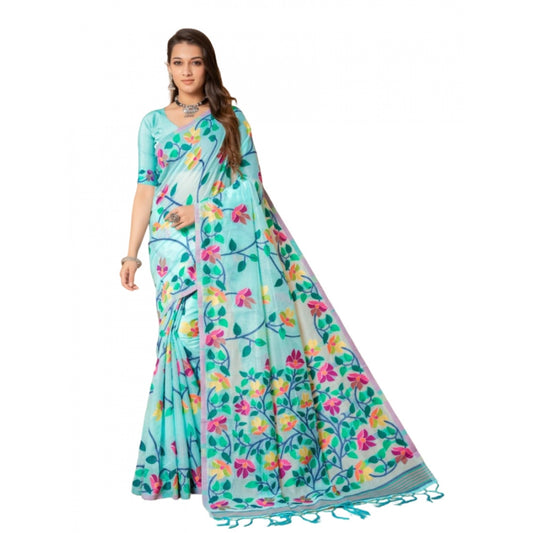 Generic Women's Cotton Printed Saree With Unstitched Blouse (Sky Blue, 5-6 Mtrs)