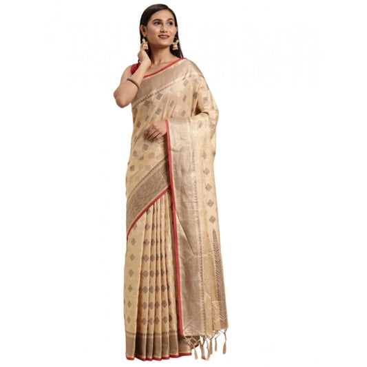 Generic Women's Chanderi Cotton Printed Saree With Unstitched Blouse (Beige, 5-6 Mtrs)