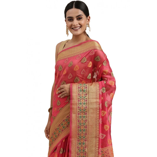 Generic Women's Organza Printed Saree With Unstitched Blouse (Pink, 5-6 Mtrs)