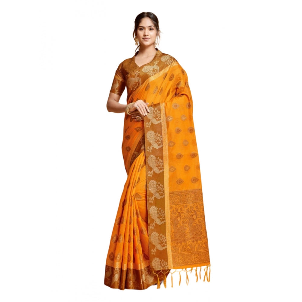 Generic Women's Organza Printed Saree With Unstitched Blouse (Mustard, 5-6 Mtrs)