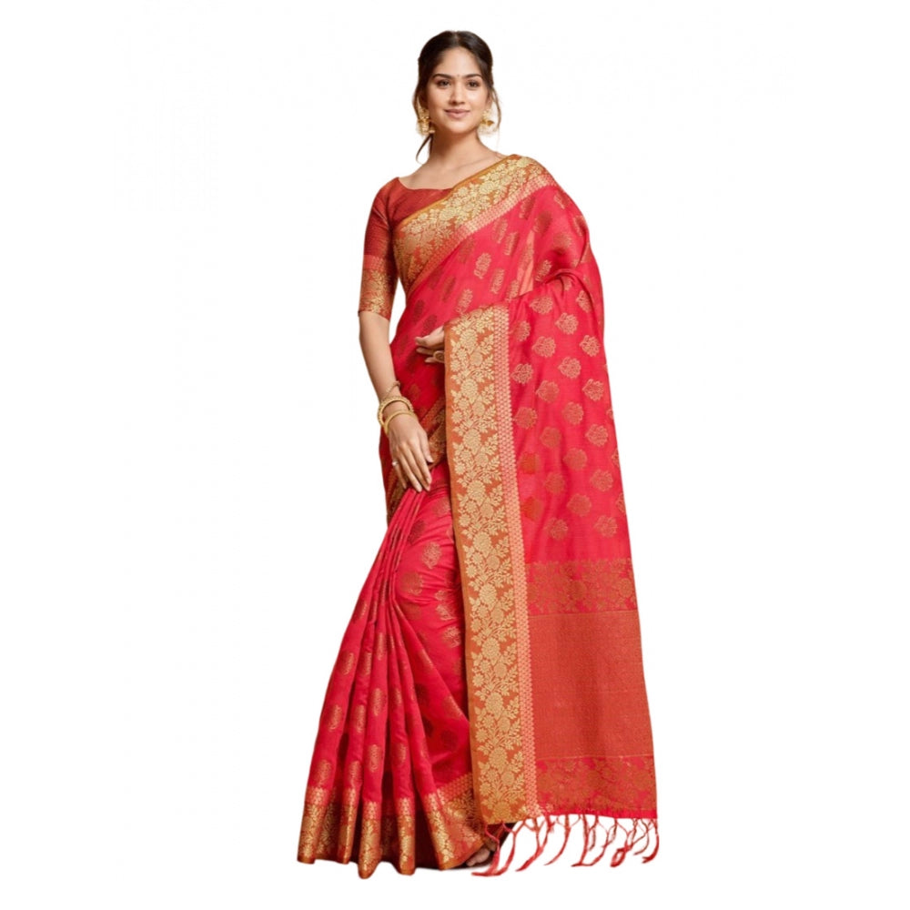 Generic Women's Chanderi Cotton Printed Saree With Unstitched Blouse (Pink, 5-6 Mtrs)