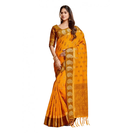 Generic Women's Chanderi Cotton Printed Saree With Unstitched Blouse (Mustard, 5-6 Mtrs)