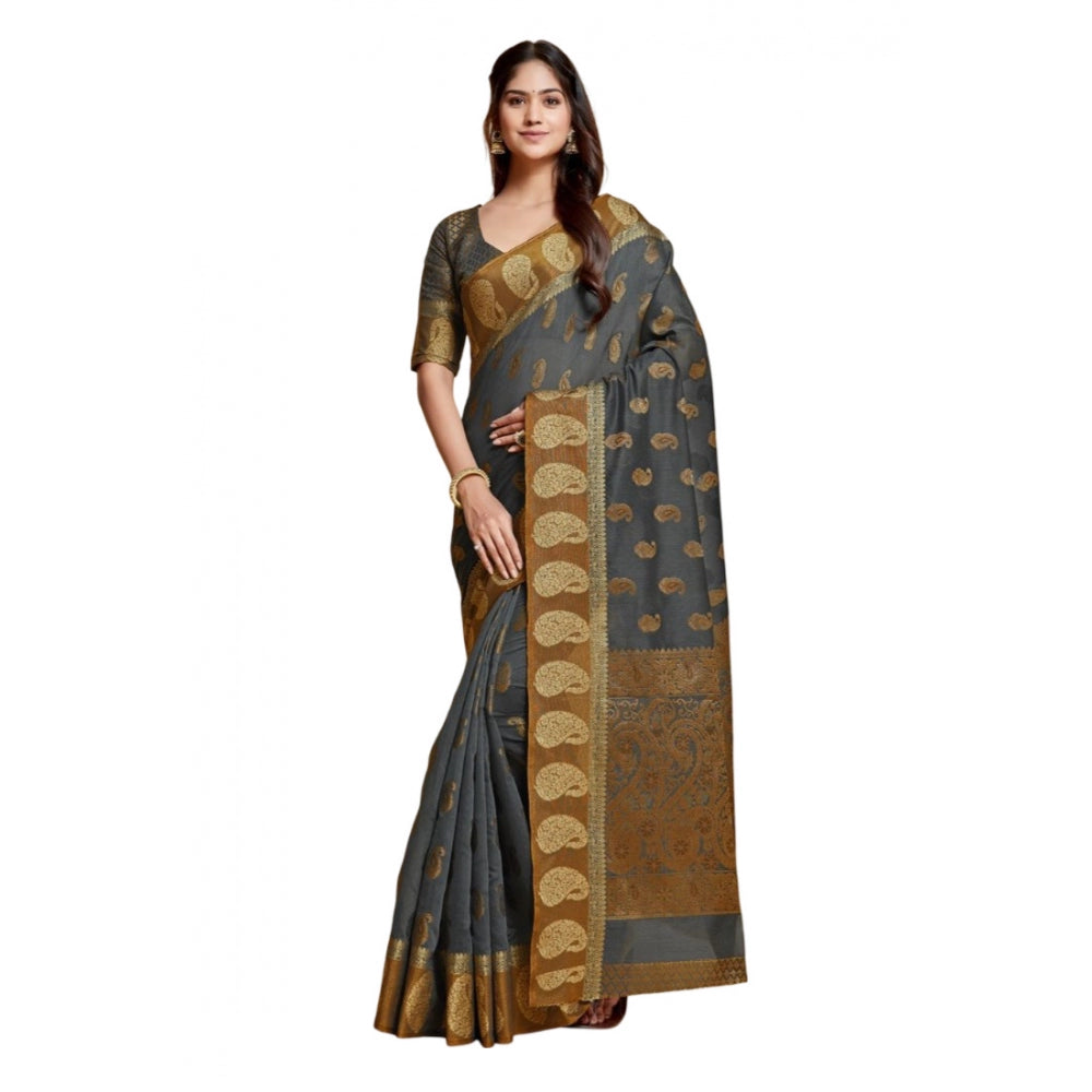 Generic Women's Chanderi Cotton Printed Saree With Unstitched Blouse (Grey, 5-6 Mtrs)