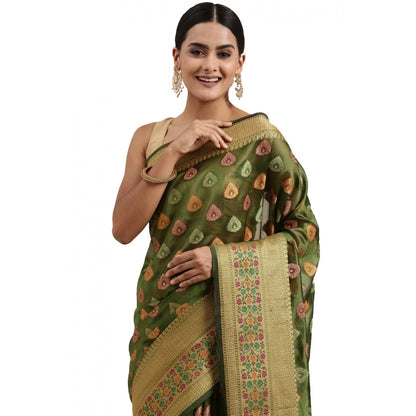 Generic Women's Organza Printed Saree With Unstitched Blouse (Mahendi, 5-6 Mtrs)