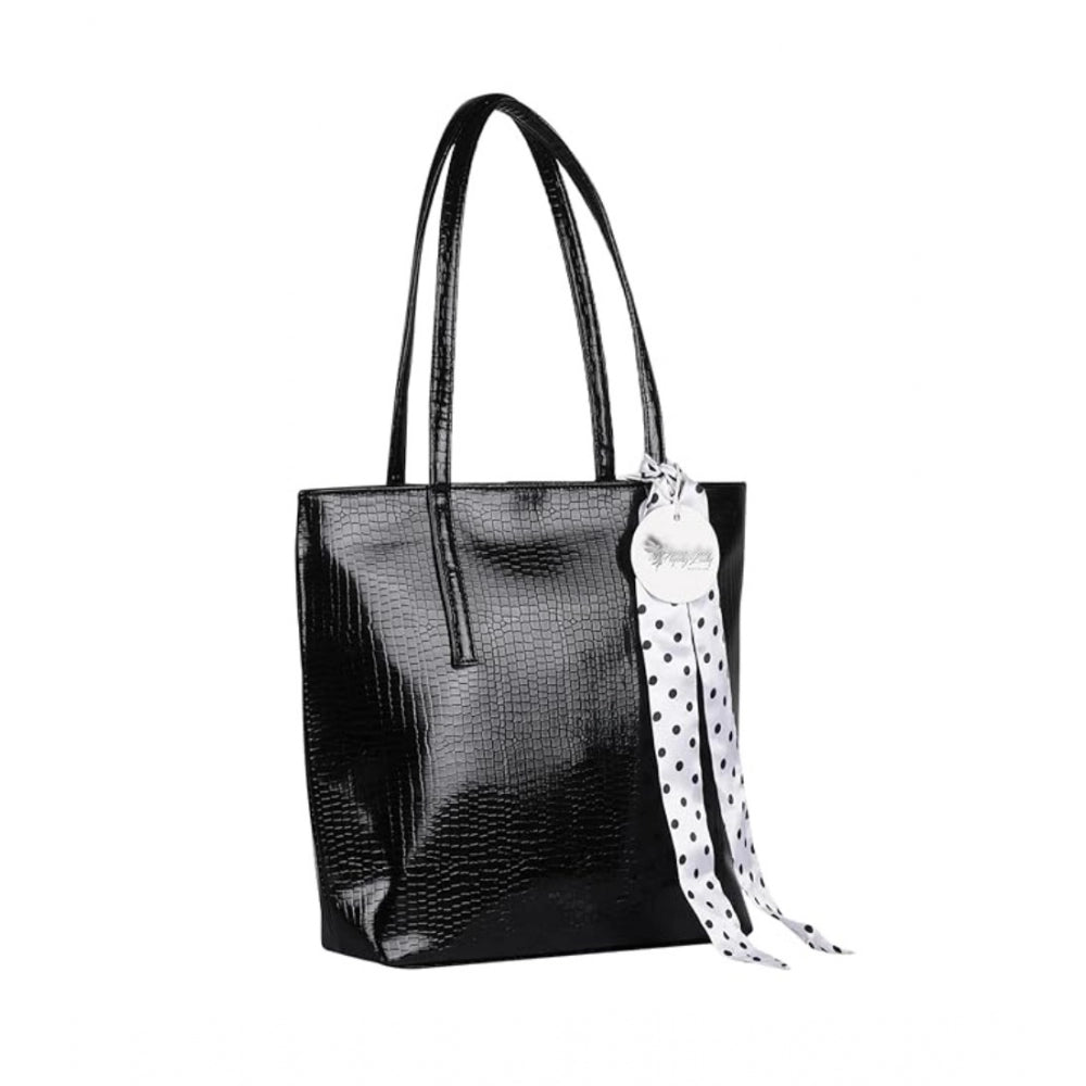 Women's Polyurethane Textured, Croc Shoulder Bag (Black)