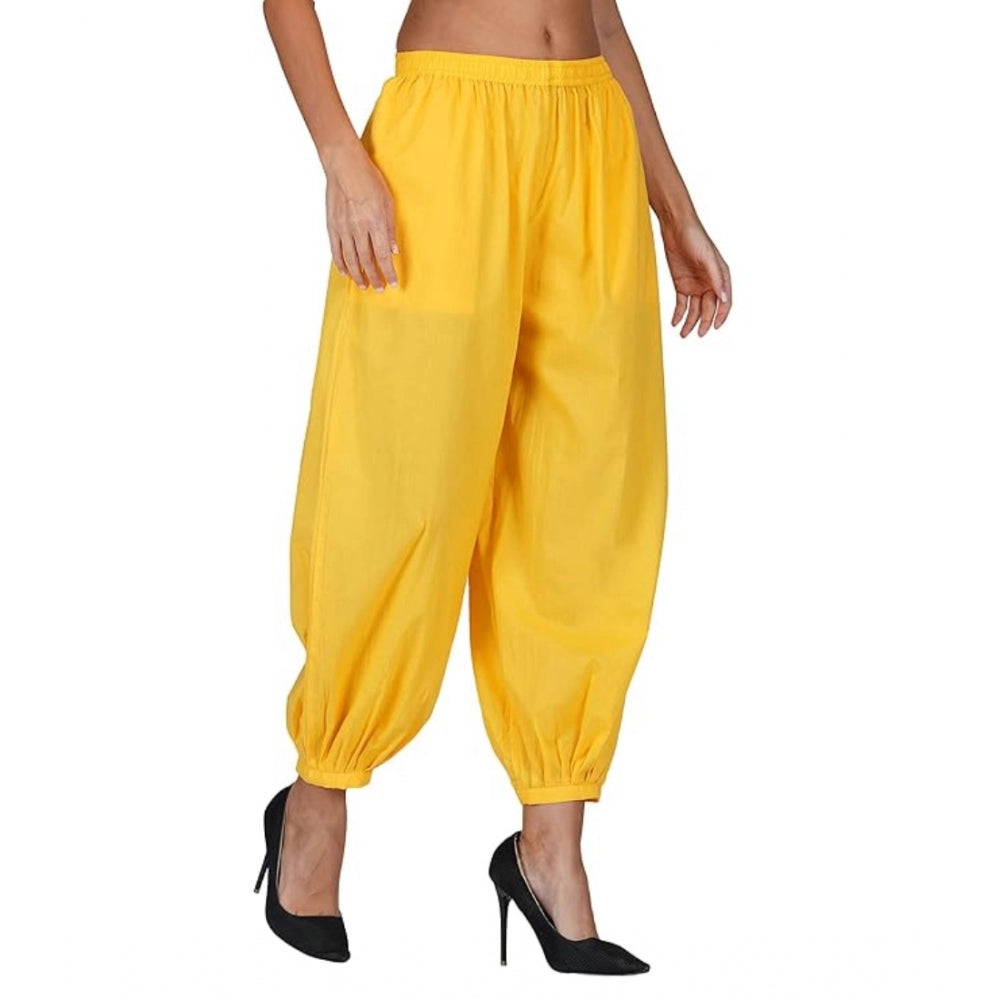 Generic Women's Casual Cotton Cambric Solid Elastic Waist Patiala Harem Pants (Yellow)