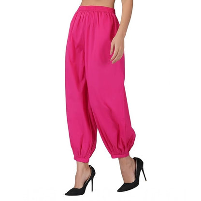 Generic Women's Casual Cotton Cambric Solid Elastic Waist Patiala Harem Pants (Pink)