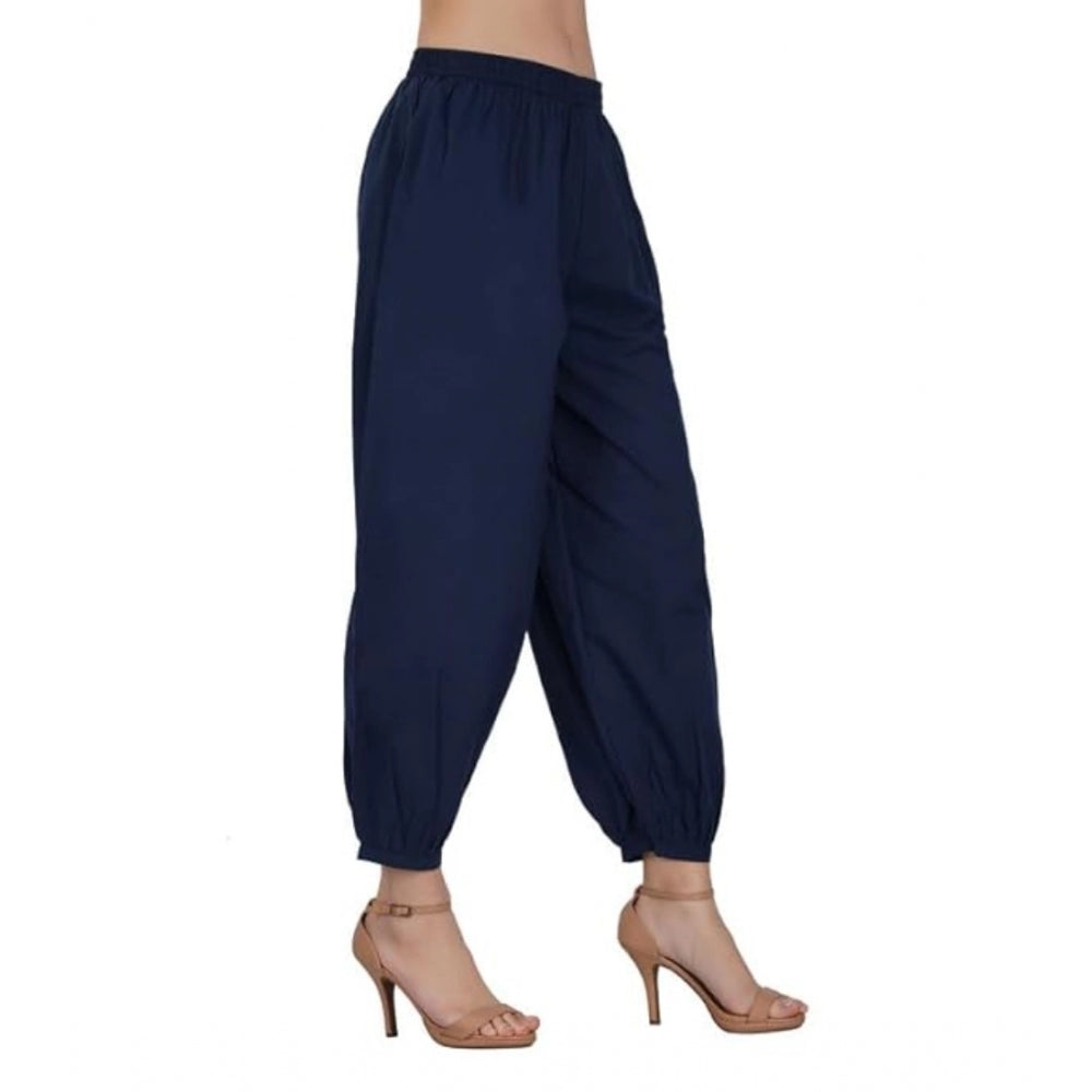 Women's Casual Cotton Cambric Solid Elastic Waist Patiala Harem Pants (Navy Blue)