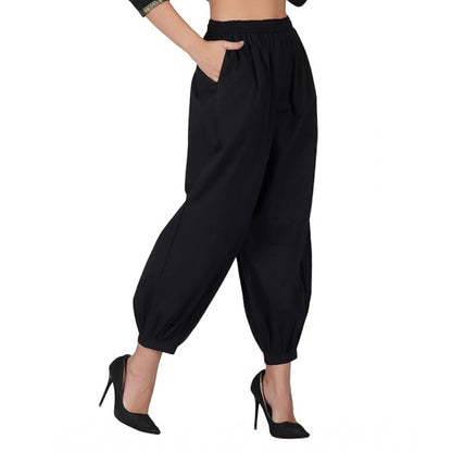 Generic Women's Casual Cotton Cambric Solid Elastic Waist Patiala Harem Pants (Black)