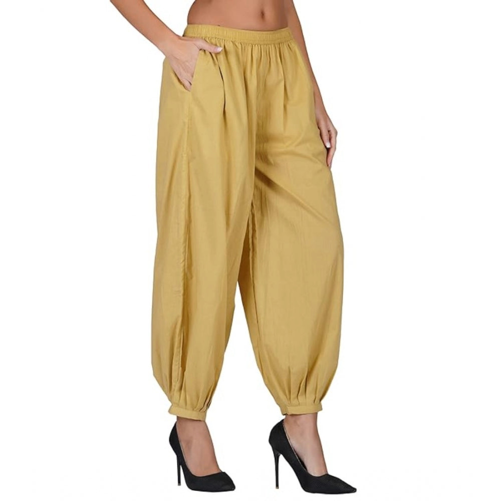 Women's Casual Cotton Cambric Solid Elastic Waist Patiala Harem Pants (Beige)