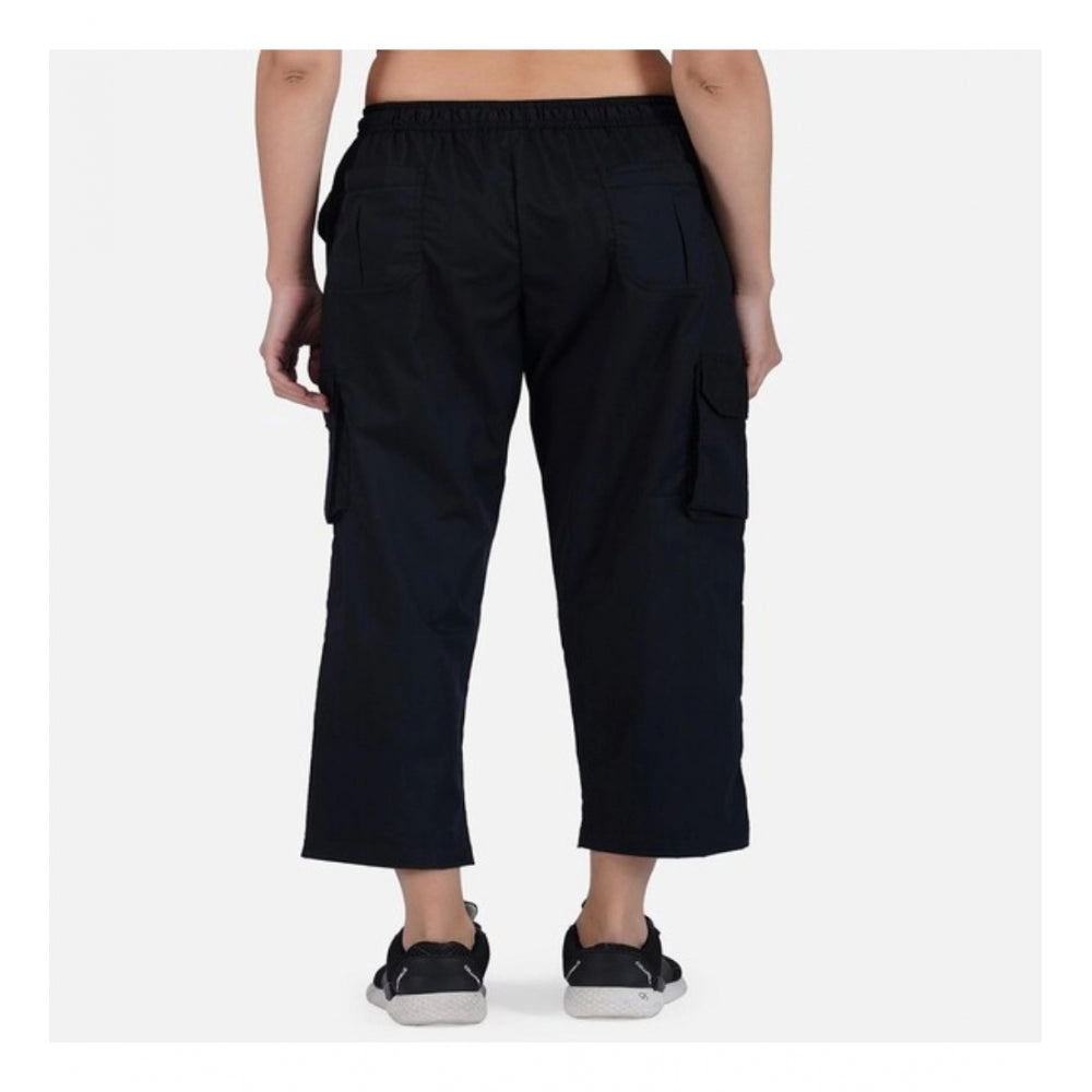 Women's Casual Cotton Solid Cargo Pants (Black)