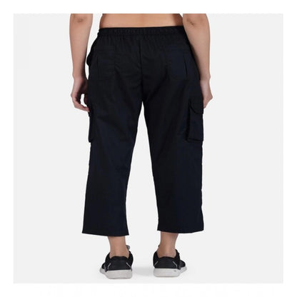 Women's Casual Cotton Solid Cargo Pants (Black)