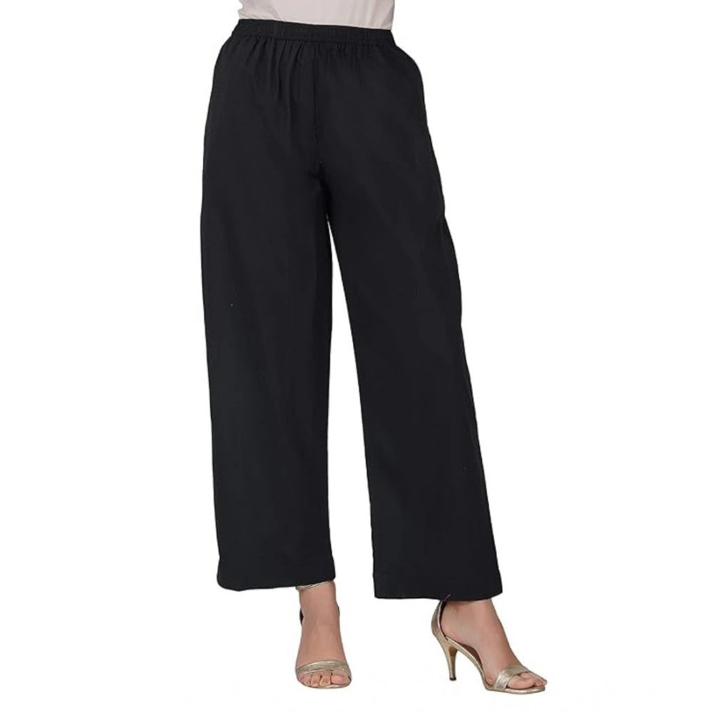 Women's Casual Cotton Cambric Solid Elastic Palazzo Trousers (Black)